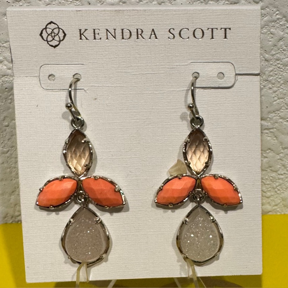 RARE Kendra Scott Kendall Statement Earrings Silver Coral Druzy